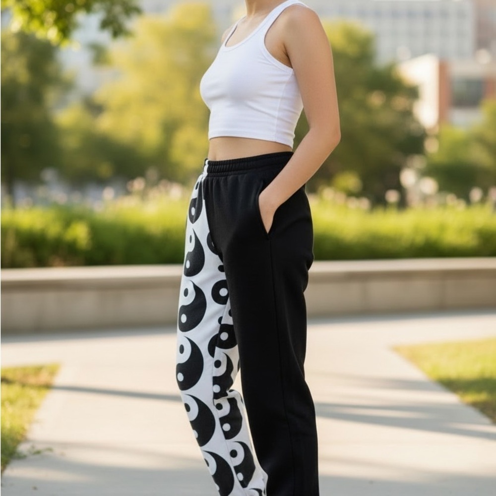 Forever 21 Black and White Yin Yang Graphic Joggers